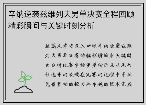 辛纳逆袭兹维列夫男单决赛全程回顾精彩瞬间与关键时刻分析